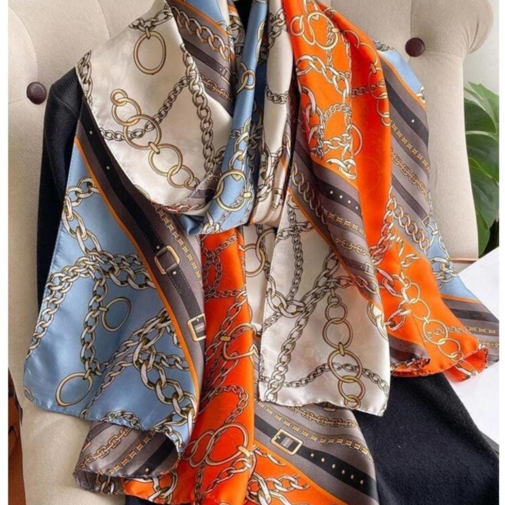Vibrant Orange and Blue Silk Scarf with Ornamental Motifs